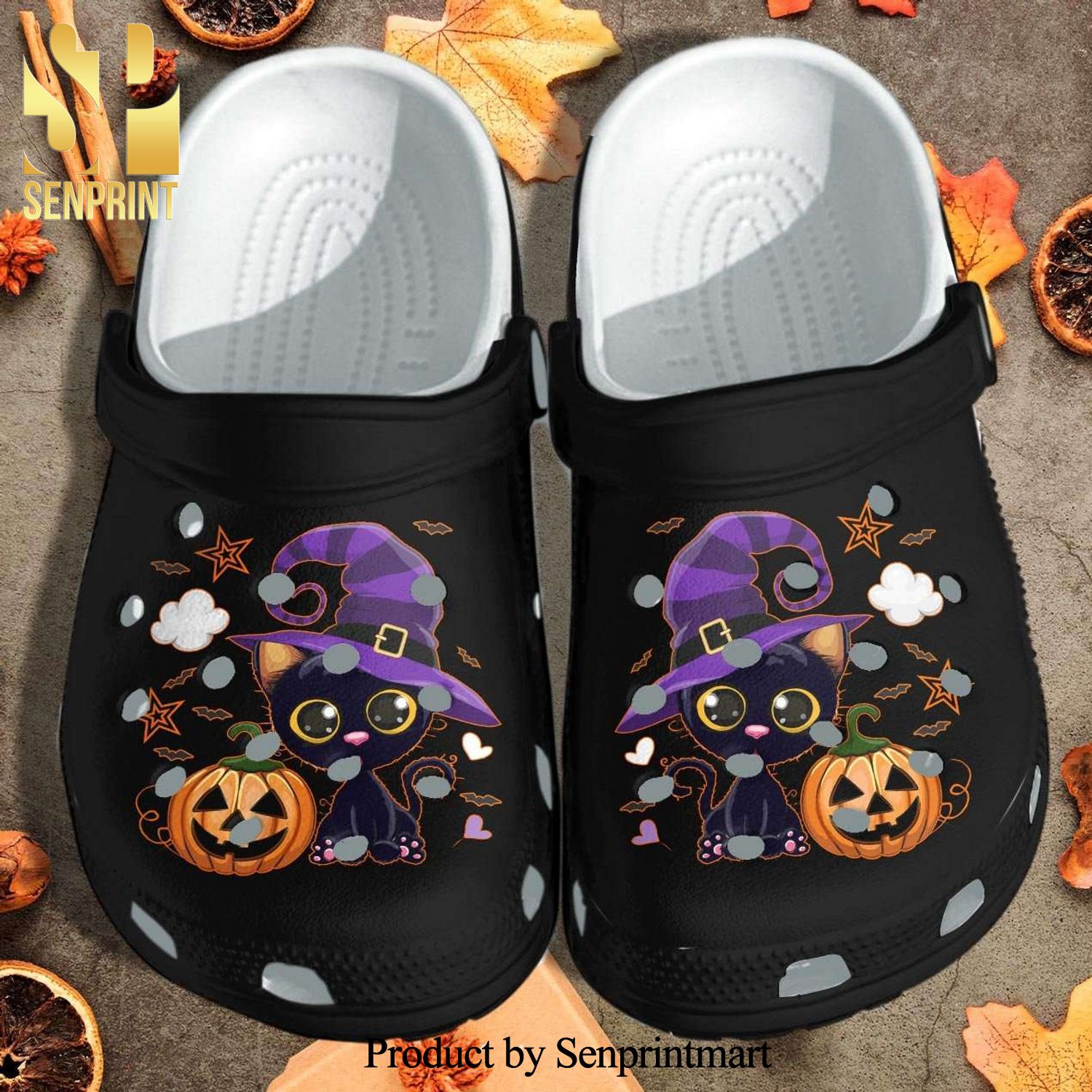 Halloween Black Cat And Pumpkin Shoes New Outfit Crocs Crocband Clog