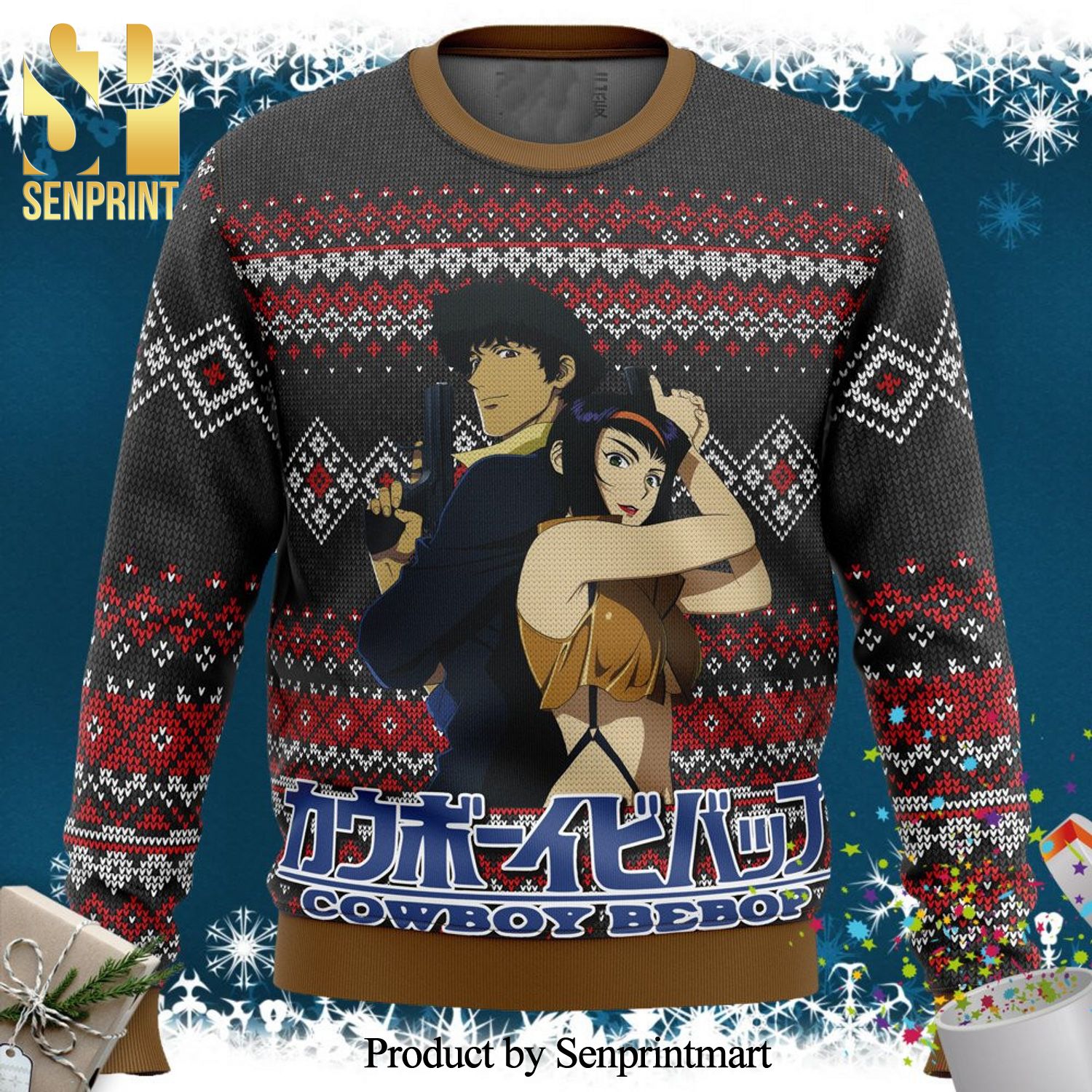 Spike And Faye Cowboy Bebop Alt Manga Anime Knitted Ugly Christmas Sweater