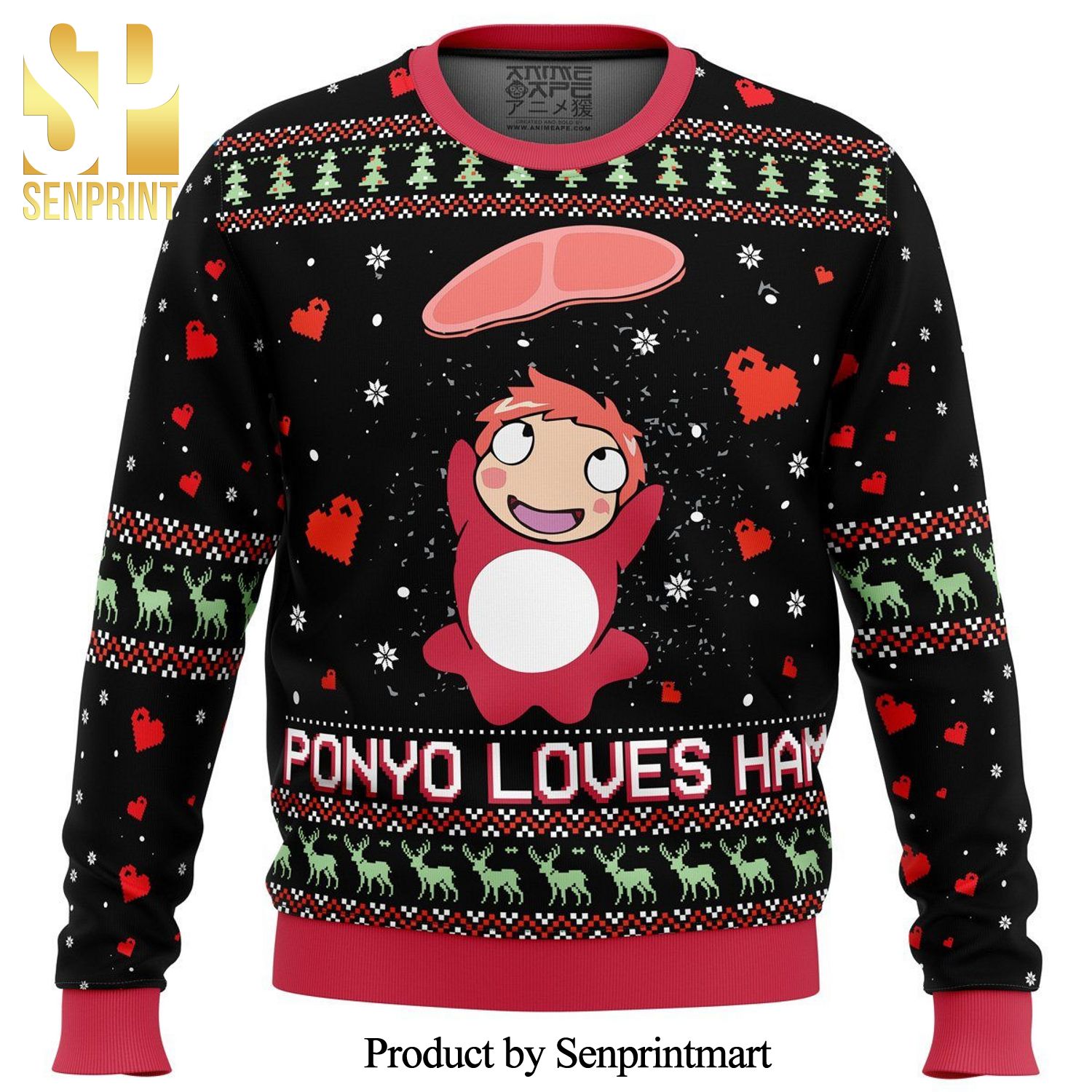Studio Ghibli Ponyo Loves Ham Miyazaki Premium Manga Anime Knitted Ugly Christmas Sweater