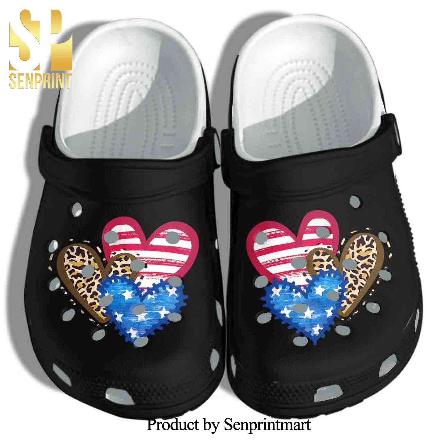 Leopard American Flag Hearts 4Th Of July Rubber Crocs Unisex Crocband Clogs