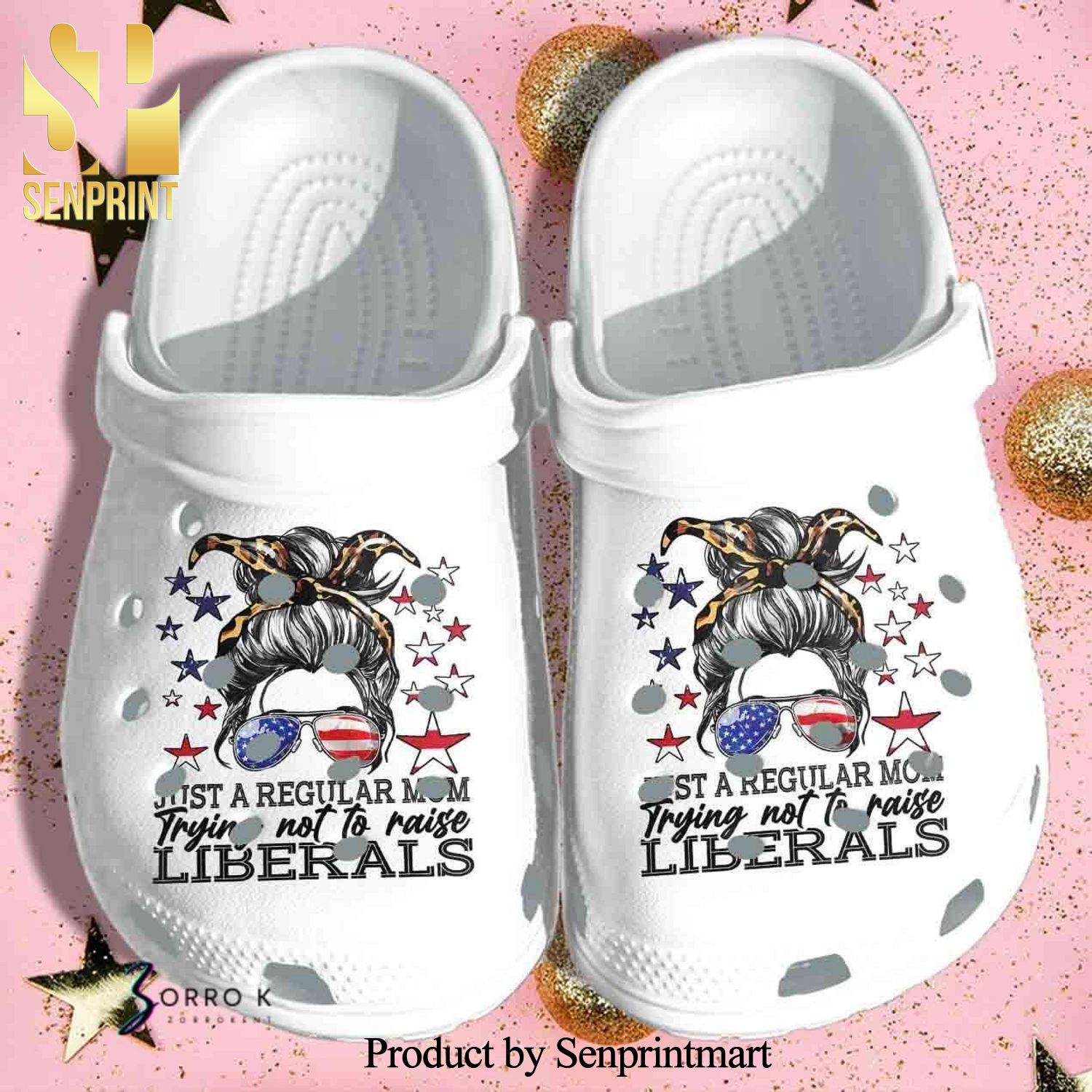 Leopard Woman Messy Buns Just A Regular Mom Usa Flag 4Th Of July 3D Crocs Sandals