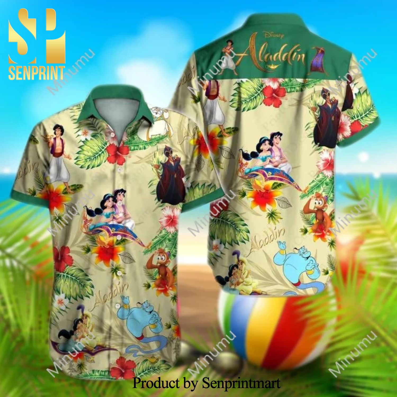Abu Genie Jafar Jasmine Aladdin Disney Red Hibiscus Aloha Full Printing Hawaiian Shirt