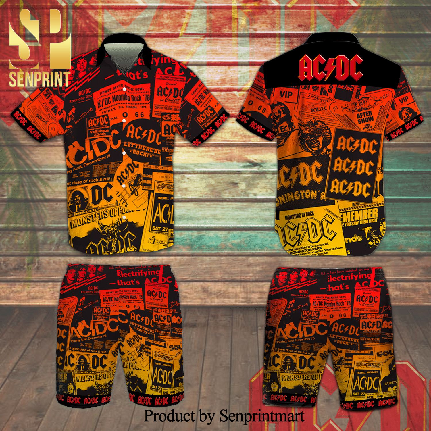 AC DC Rock Music B And Full Printing Aloha Summer Beach Hawaiian Shirt And Beach Shorts – Ombre Yellow Red