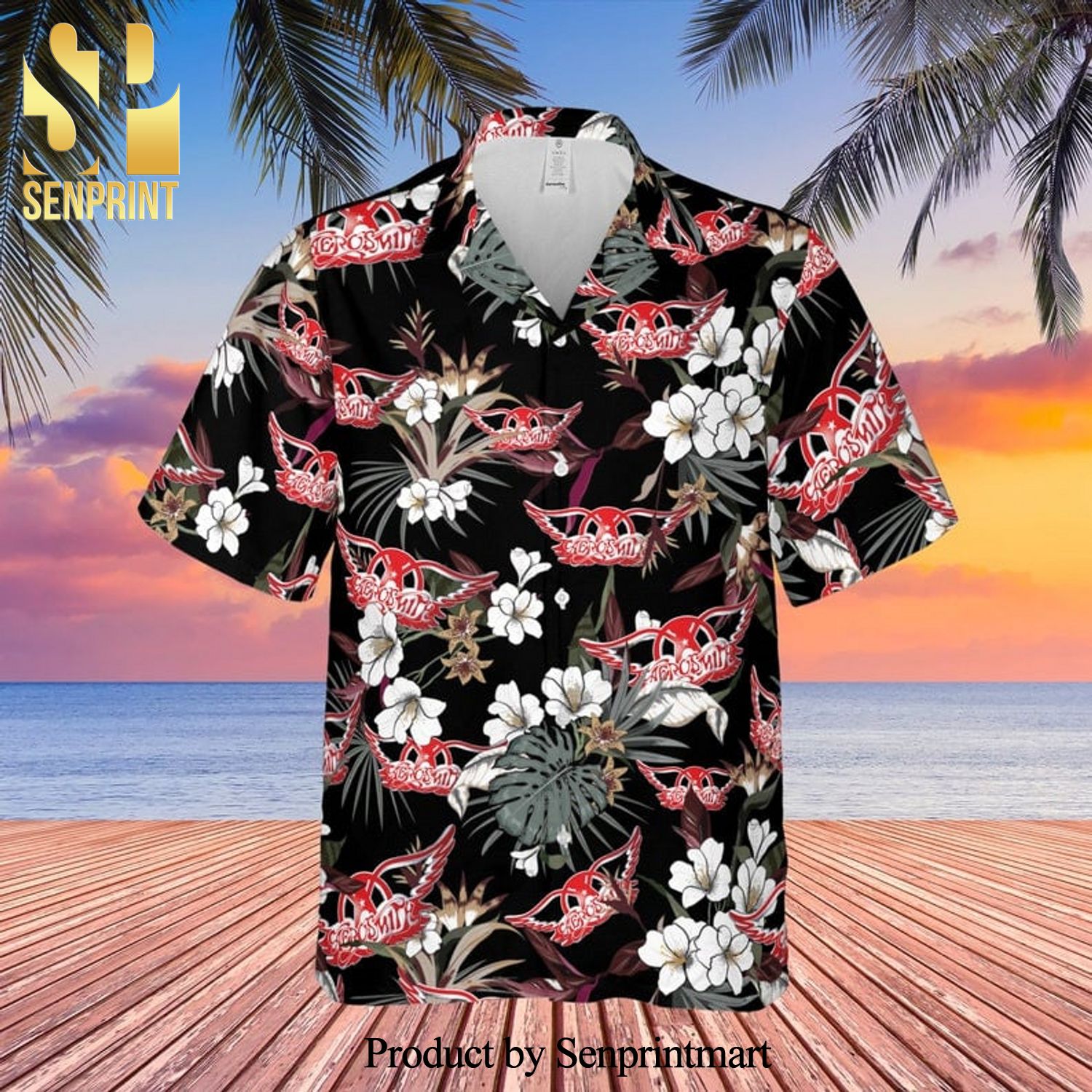 Aerosmith Rock Band And Tropical Forest Full Printing Hawaiian Shirt – Black