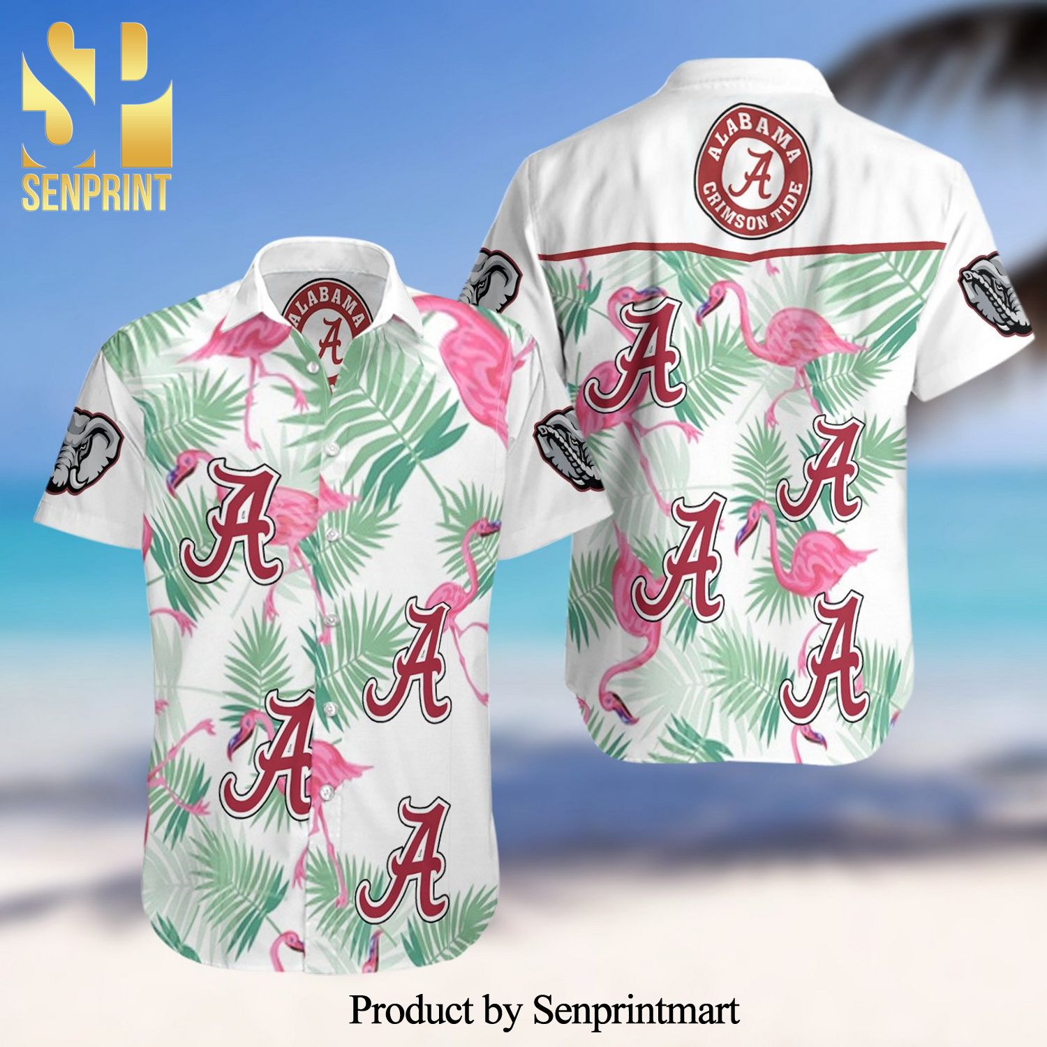 Alabama Crimson Tide Flamingo Full Printing Summer Short Sleeve Hawaiian Beach Shirt – White