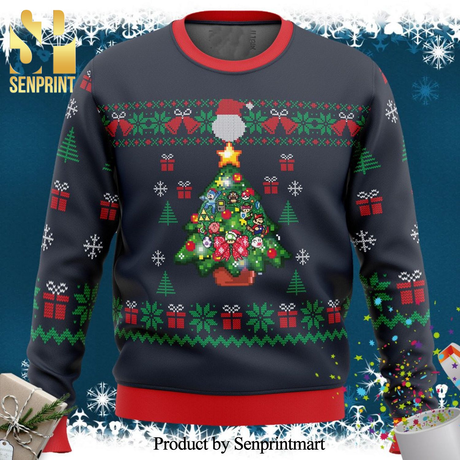 Super Mario Nintendo Tree Christmas Knitted Ugly Christmas Sweater