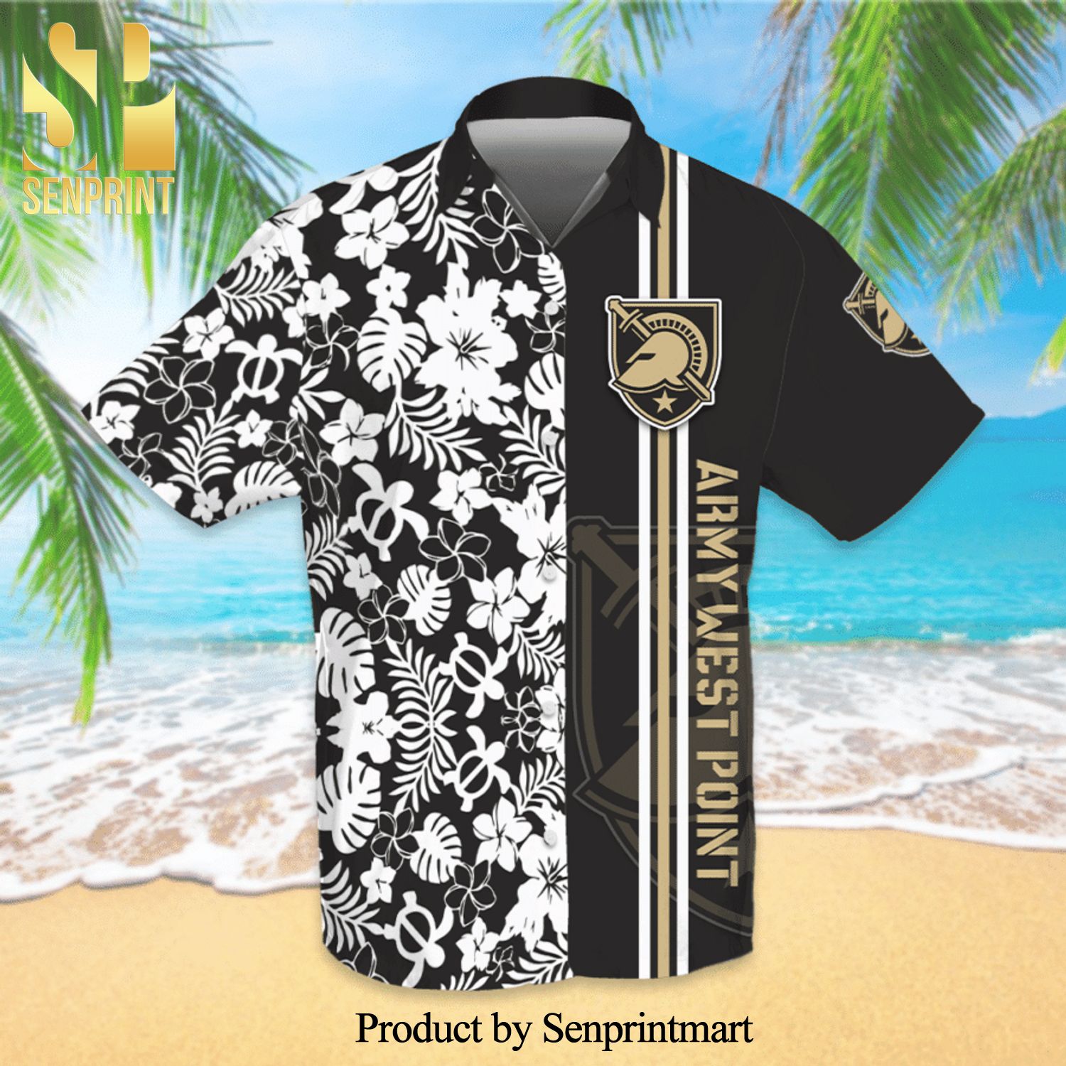 Army Black Knights Full Printing Flowery Short Sleeve Dress Shirt Hawaiian Summer Aloha Beach Shirt – Black