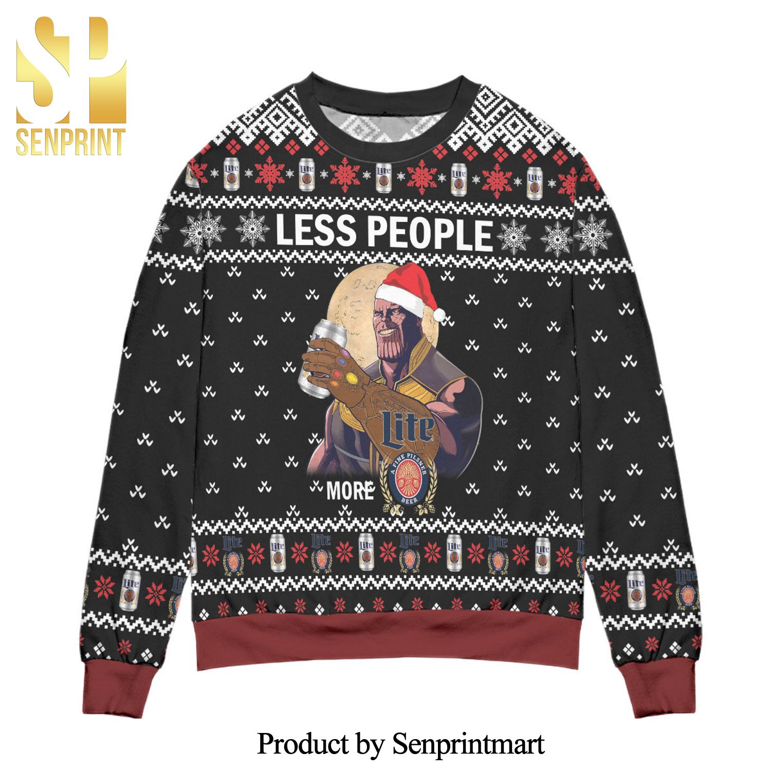 Thanos Less People More Miller Lite Snowflake Pattern Knitted Ugly Christmas Sweater – Black