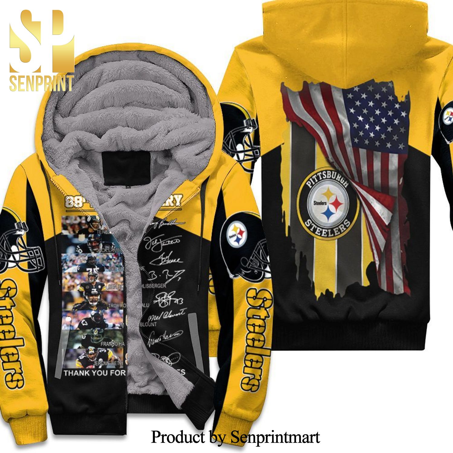 88th Anniversary 1933 Pittsburgh Steelers Team Thank You For The Memories American Flag Great Player Full Printed Unisex Fleece Hoodie