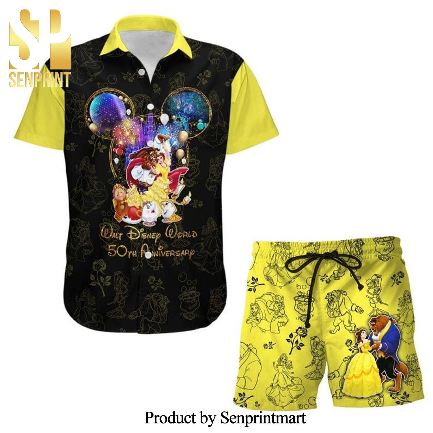 Beauty And The Beast 50th Anniversary Glitter Disney Castle Full Printing Combo Hawaiian Shirt And Beach Shorts – Black Yellow