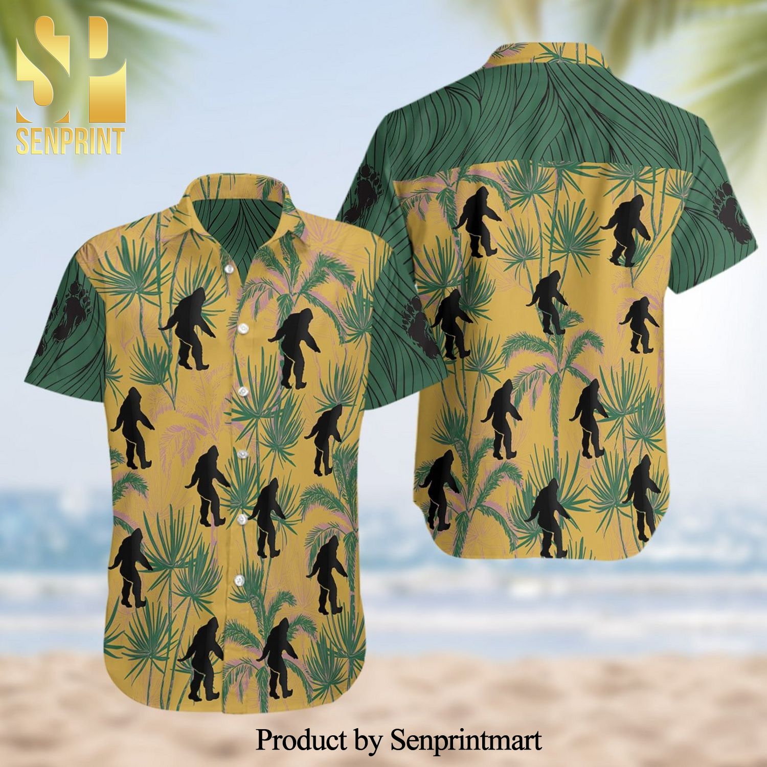 Bigfoot Full Printing Summer Short Sleeve Hawaiian Beach Shirt
