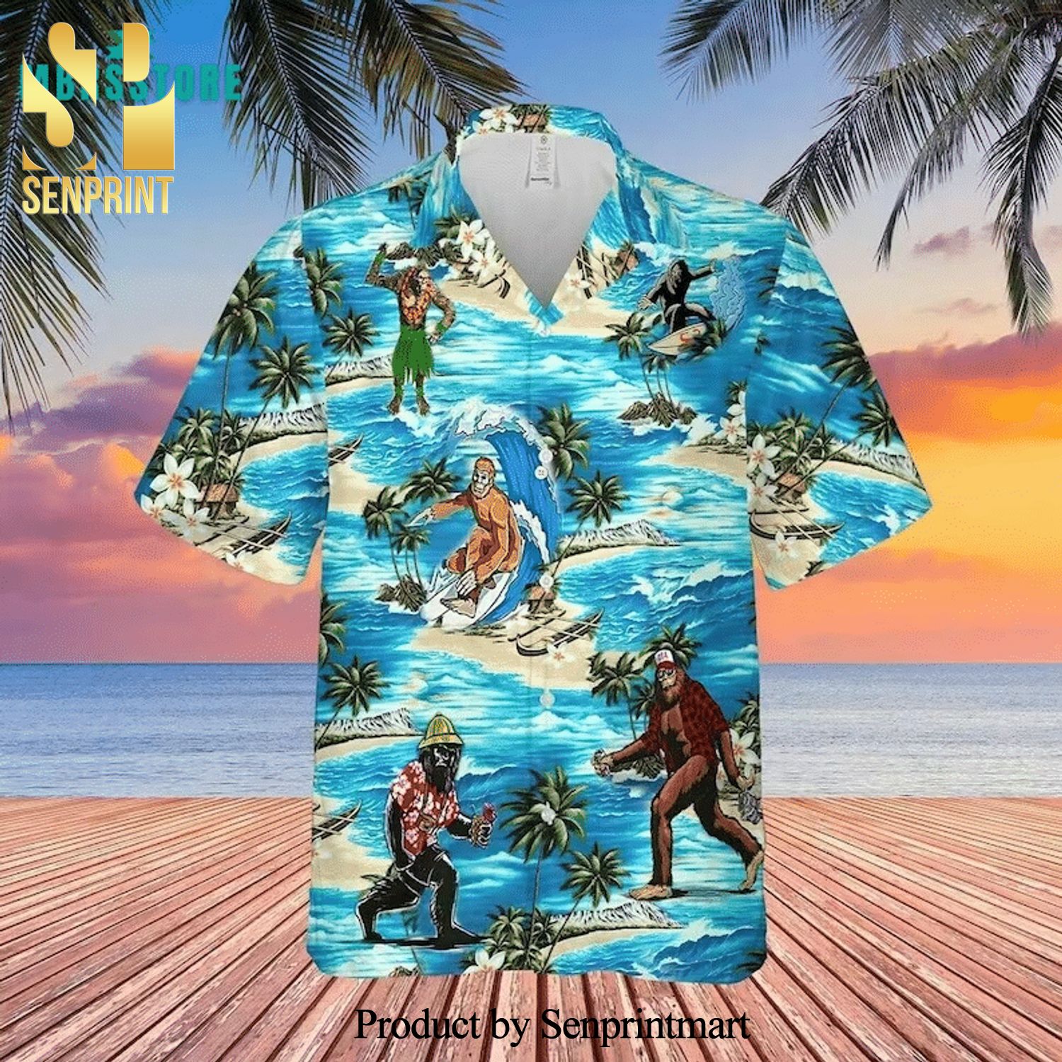 Bigfoot Surfing At The Beach Aloha Full Printing Hawaiian Shirt – Blue