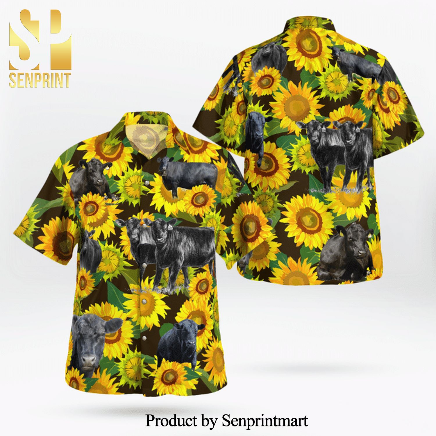 Black Angus Cattle Lovers Sunflower Full Printing Hawaiian Shirt