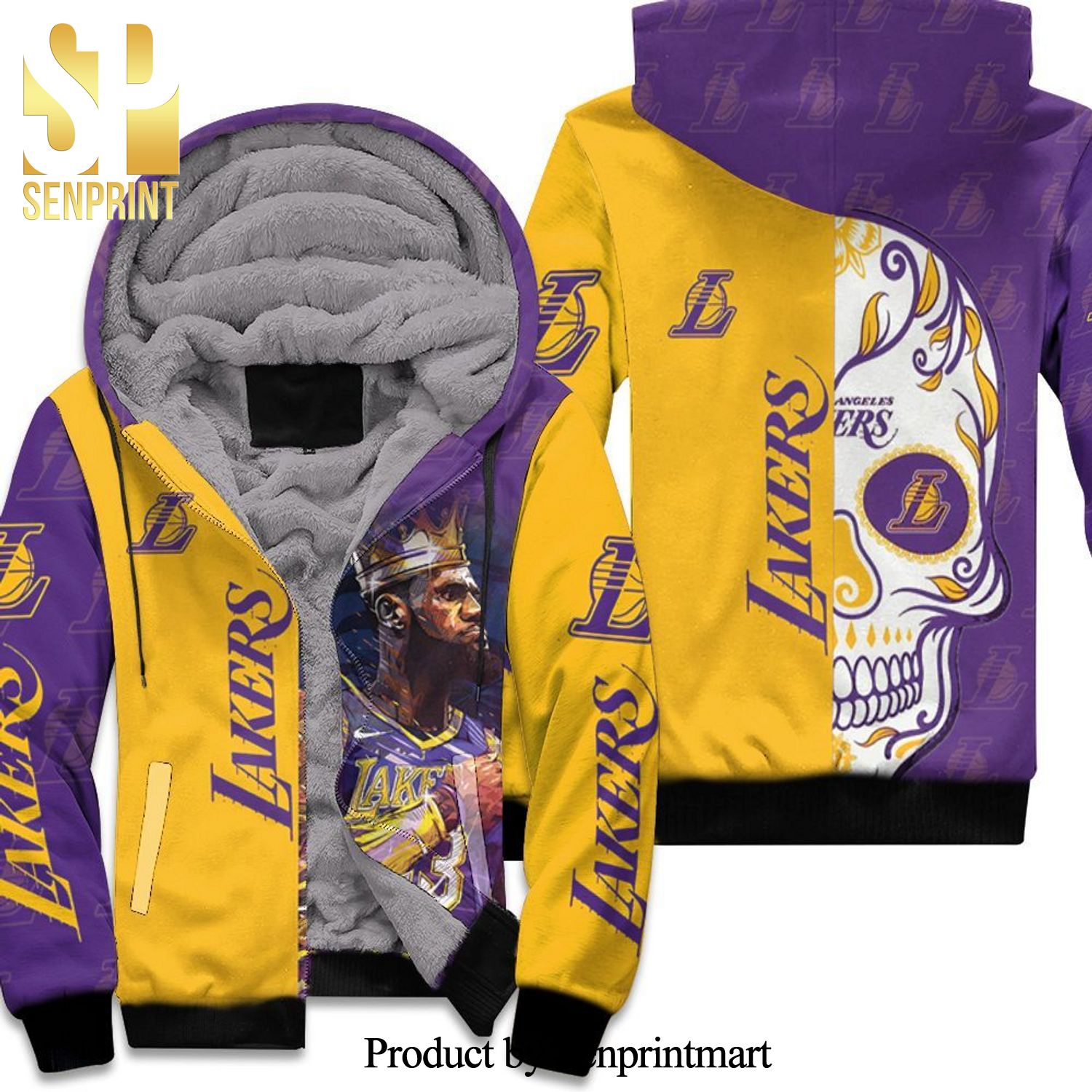 23 Lebron James Los Angeles Lakers NBA Western Conference Skull Logo Full Print Unisex Fleece Hoodie
