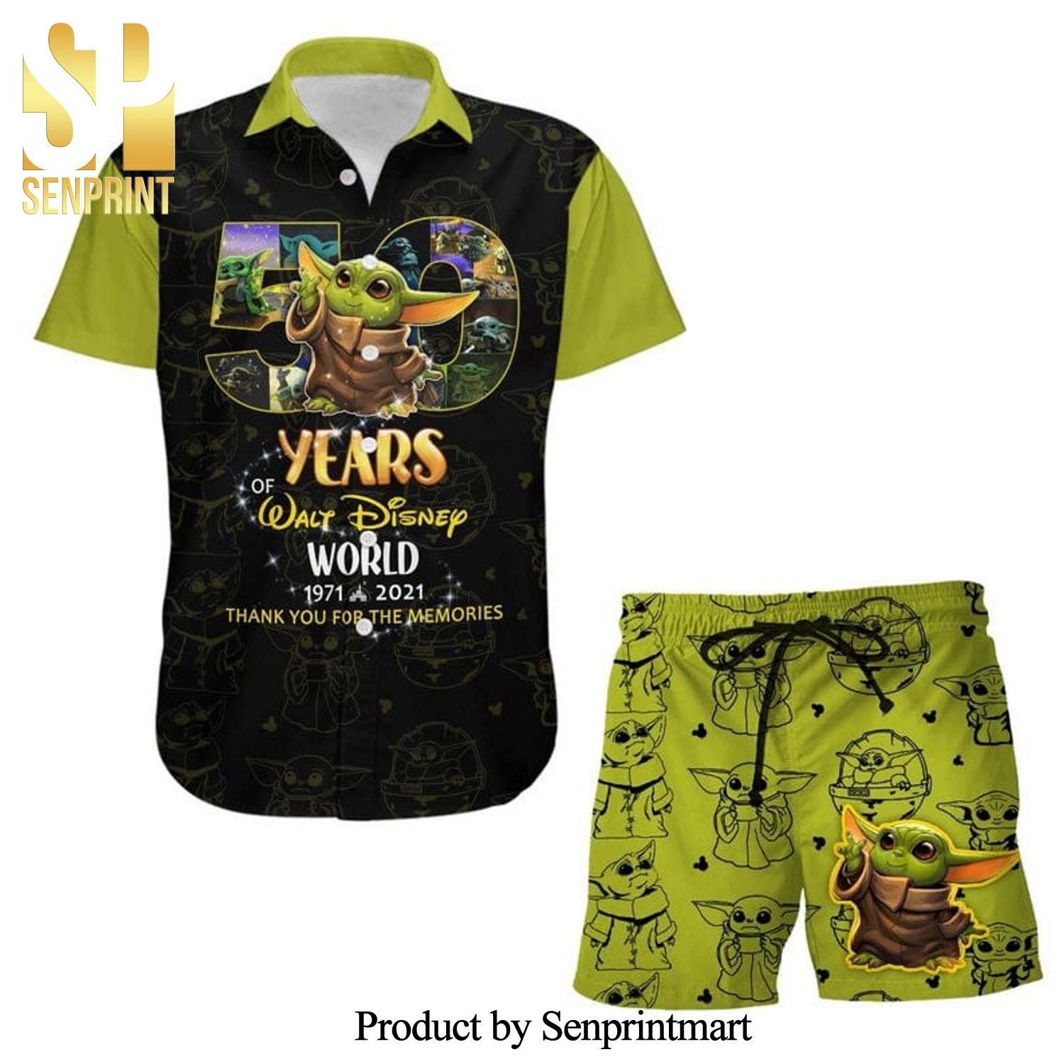 Baby Yoda 50th Anniversary Glitter Disney Castle Full Printing Combo Hawaiian Shirt And Beach Shorts – Black Green