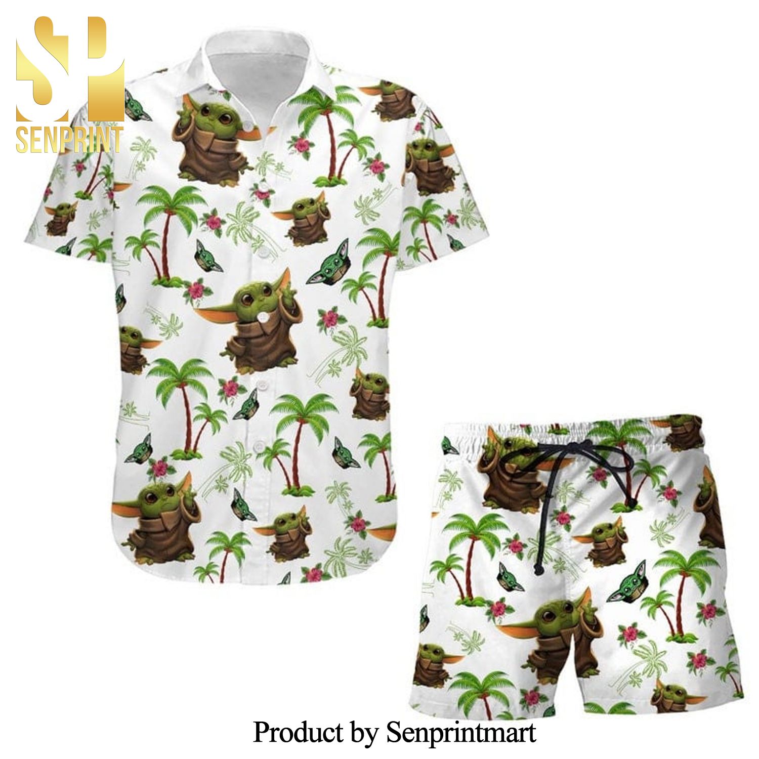 Baby Yoda Palm Trees Star Wars Full Printing Combo Hawaiian Shirt And Beach Shorts – White