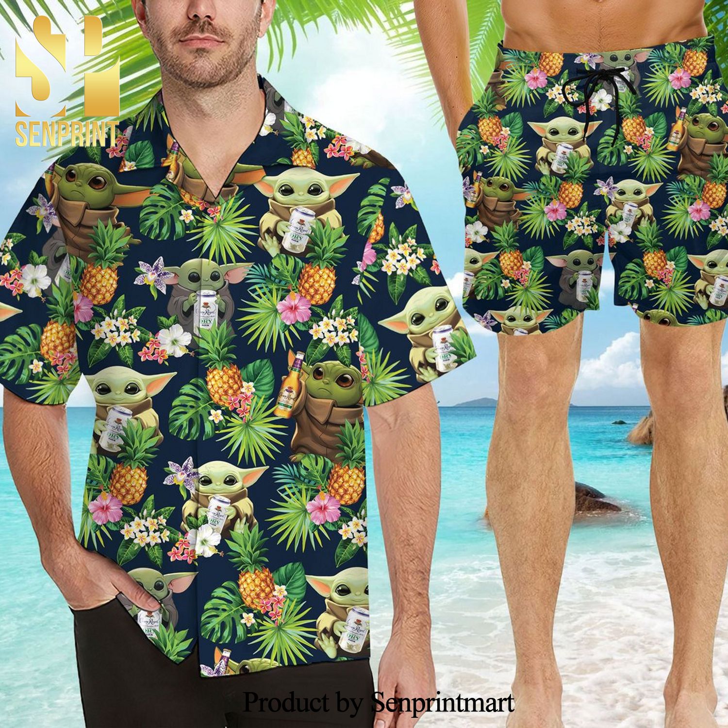 Baby Yoda Star Wars Crown Royals Full Printing Flowery Aloha Summer Beach Hawaiian Shirt And Beach Shorts – Navy