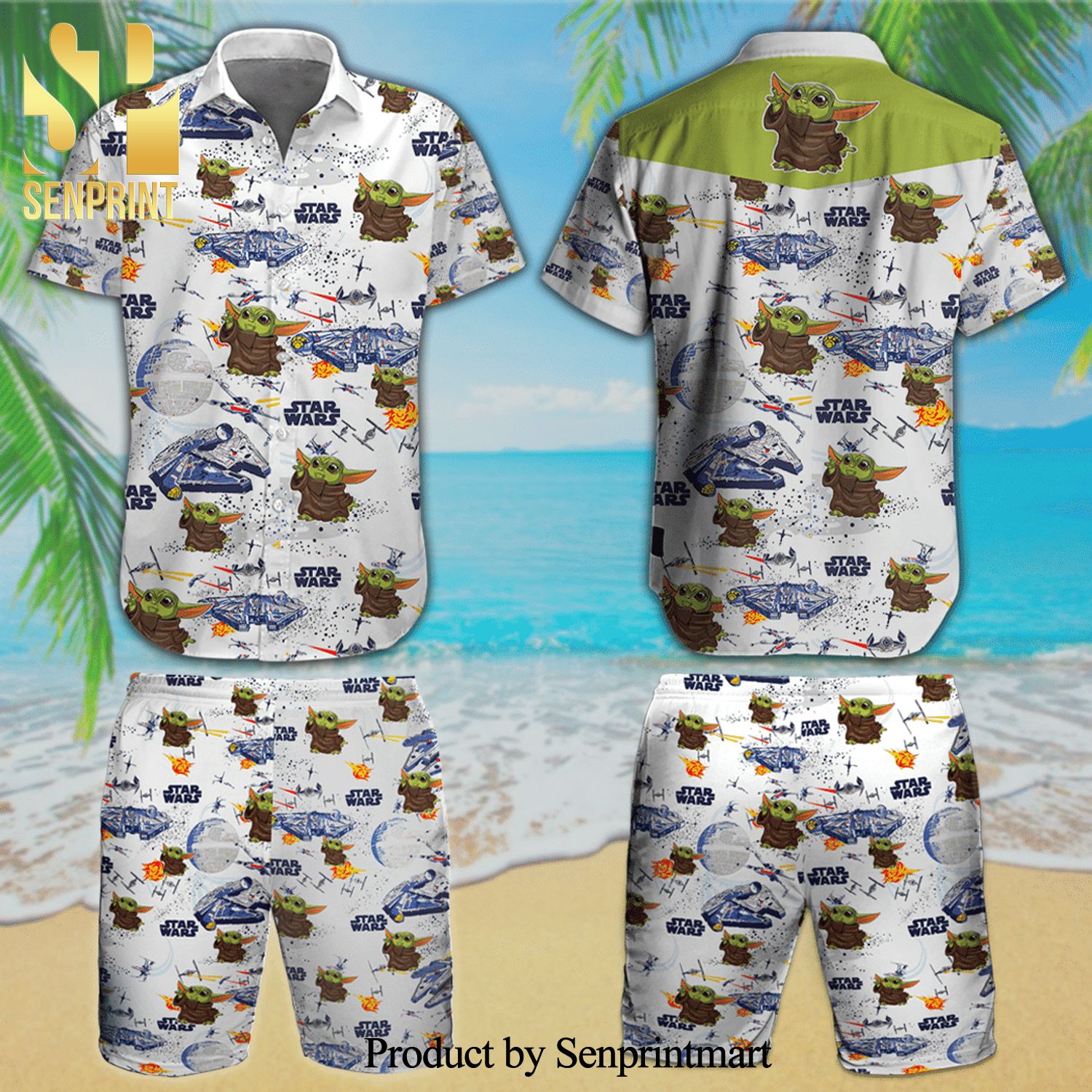 Baby Yoda Star Wars Full Printing Aloha Summer Beach Hawaiian Shirt And Beach Shorts – White