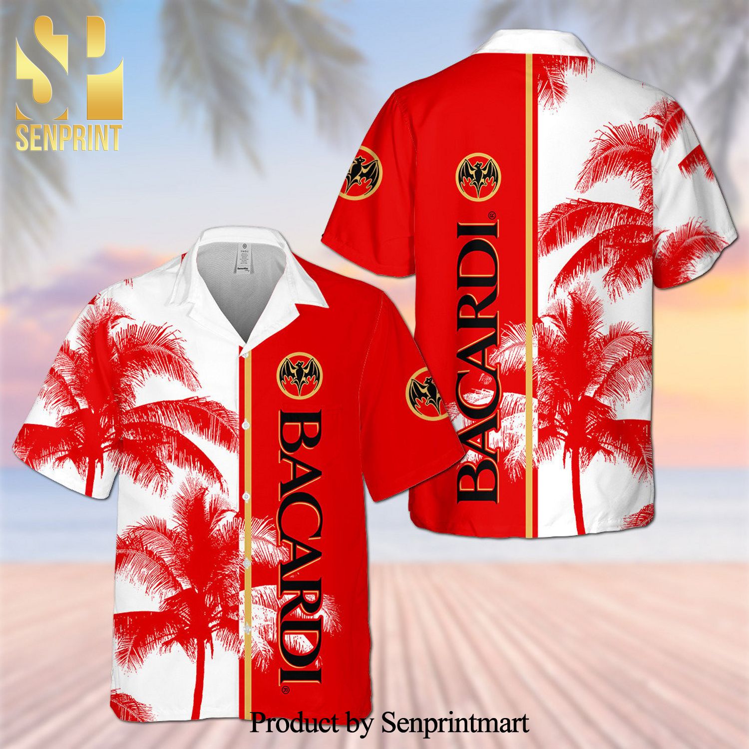 Bacardi Palm Tree Full Printing Aloha Summer Beach Hawaiian Shirt – White Red