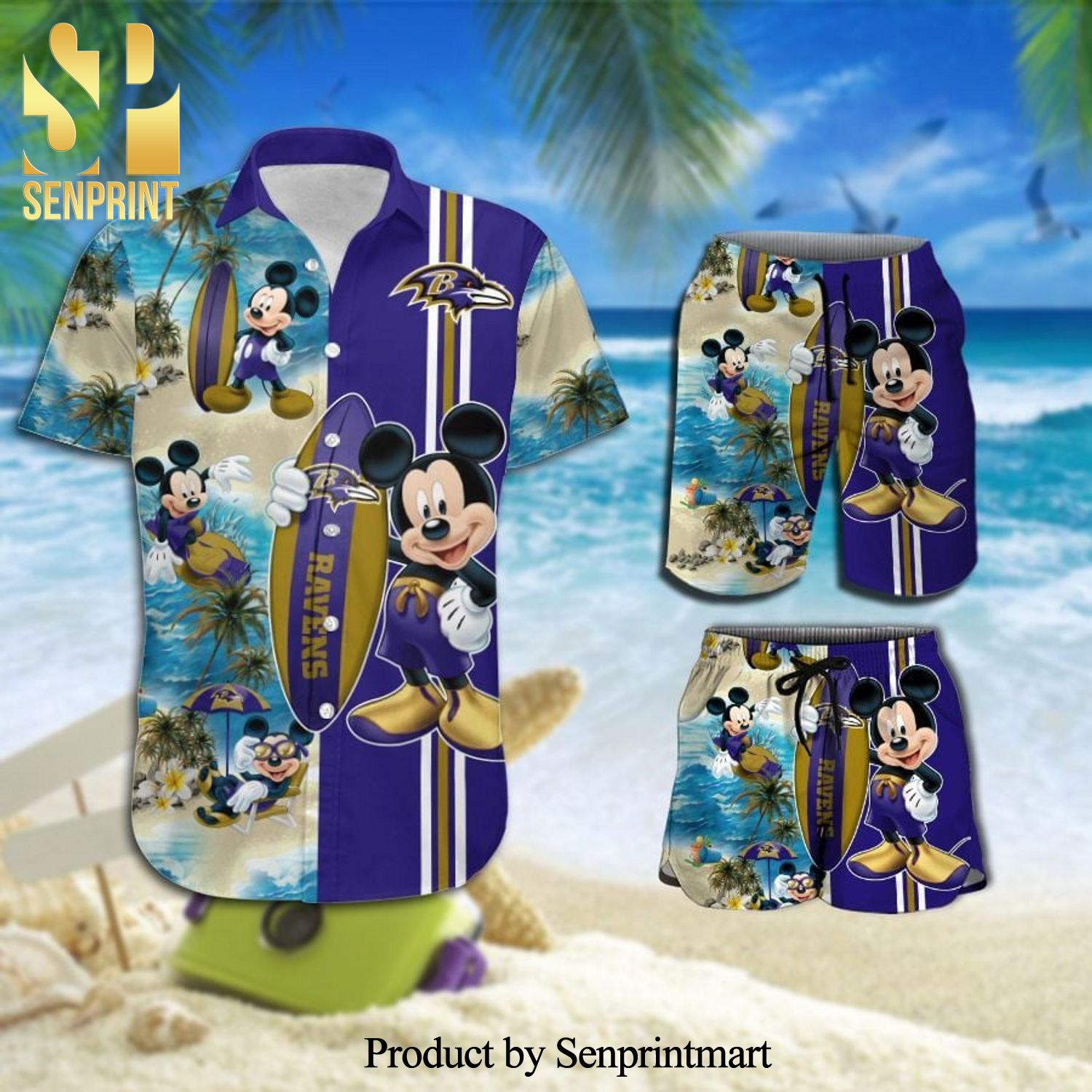 Baltimore Ravens Mickey Mouse Full Printing Hawaiian Shirt And Beach Shorts