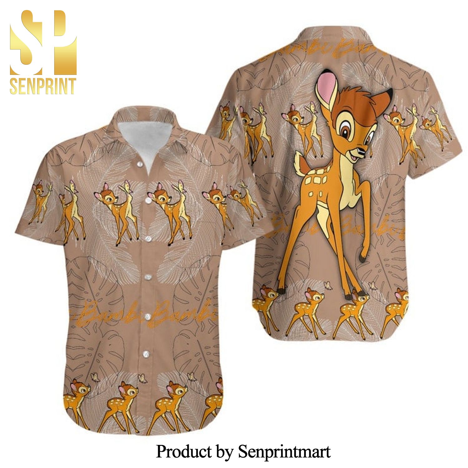 Bambi Feather Pattern Disney Full Printing Hawaiian Shirt – Brown