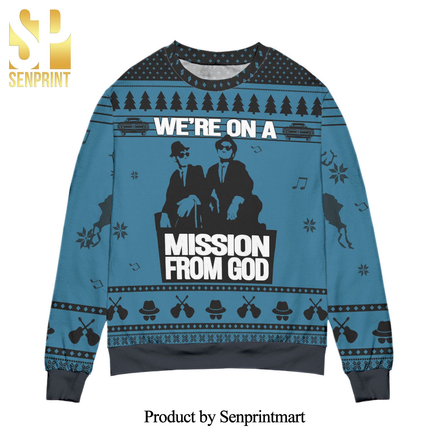 The Blues Brothers We’re On A Mission From God Knitted Ugly Christmas Sweater – Blue