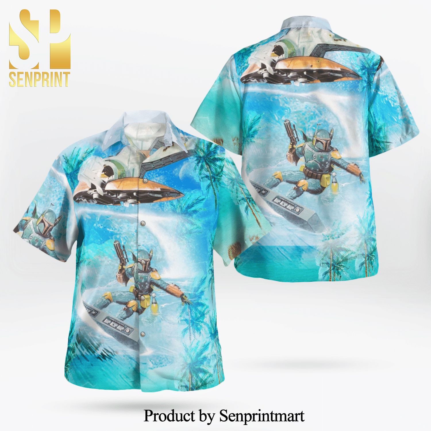 Boba Fett Star Wars Surfing Full Printing Hawaiian Shirt – Aqua Blue