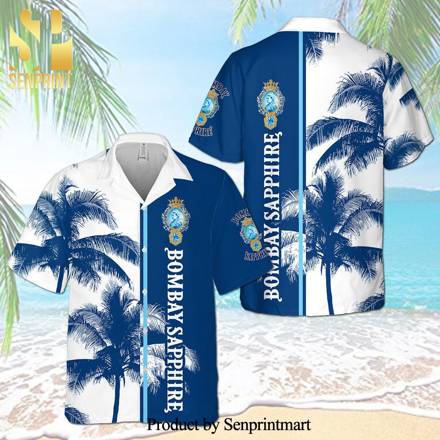 Bombay Shaphire Palm Tree Full Printing Aloha Summer Beach Hawaiian Shirt – Blue White