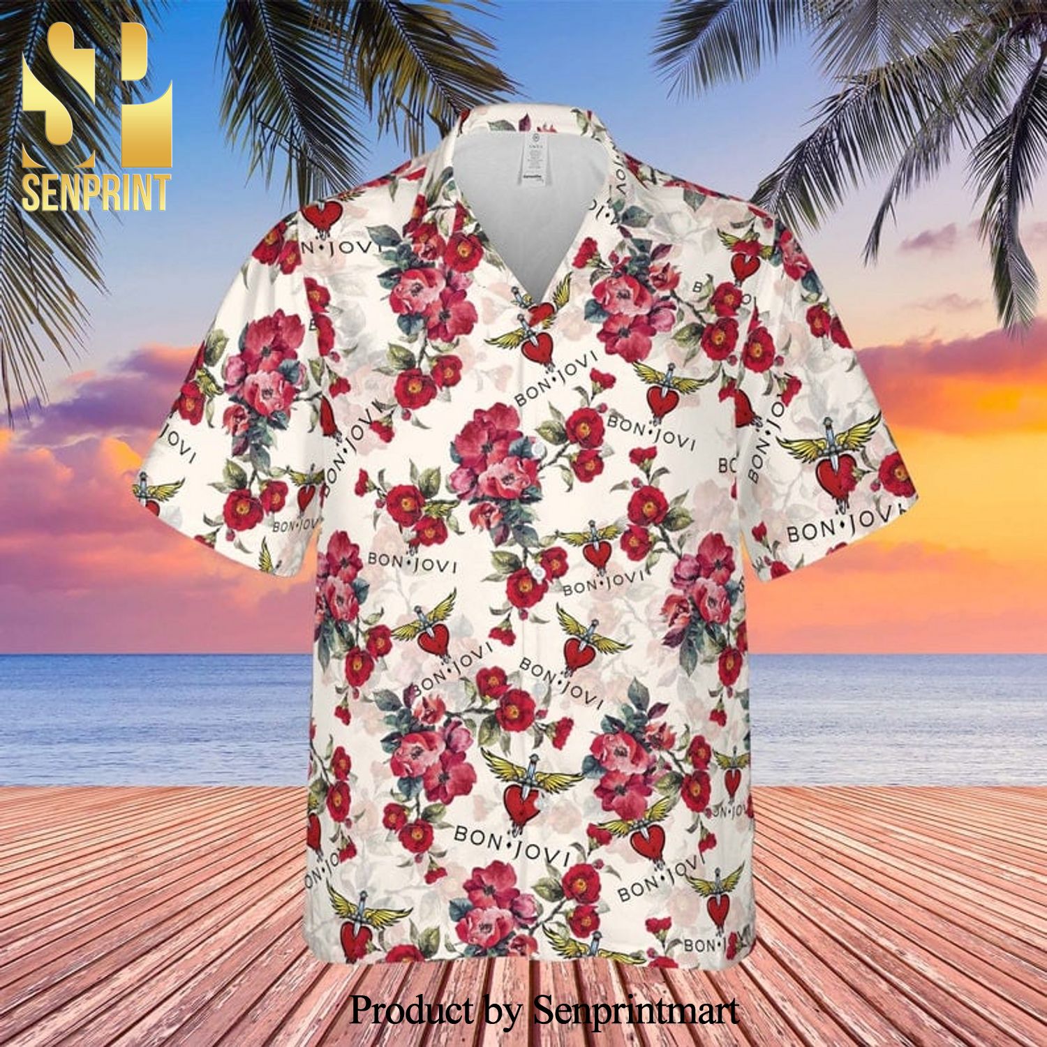Bon Jovi Rock Band And Floral Pattern Full Printing Hawaiian Shirt – White