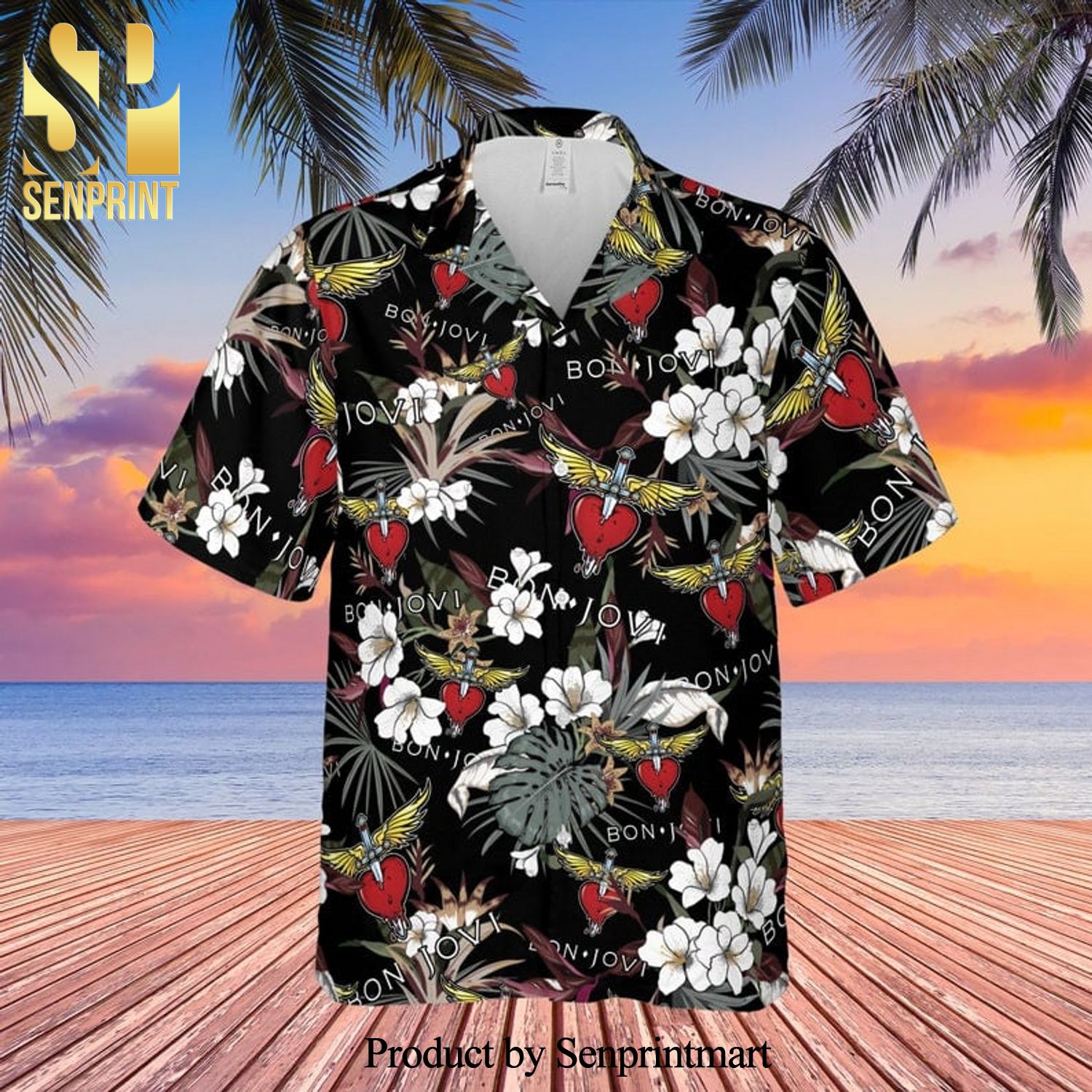 Bon Jovi Rock Band And Tropical Forest Full Printing Hawaiian Shirt – Black
