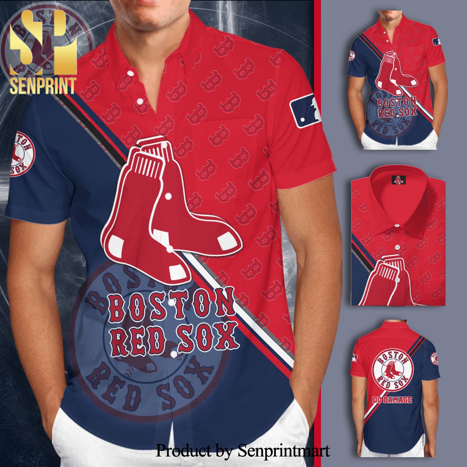 Boston Red Sox Full Printing Short Sleeve Dress Shirt Hawaiian Summer Aloha Beach Shirt – Red Blue