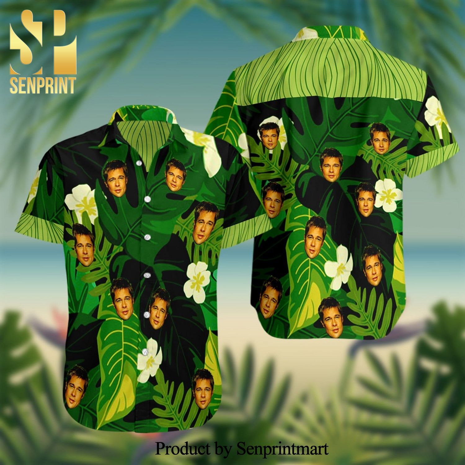 Brad Pitt Full Printing Summer Short Sleeve Hawaiian Beach Shirt – Green