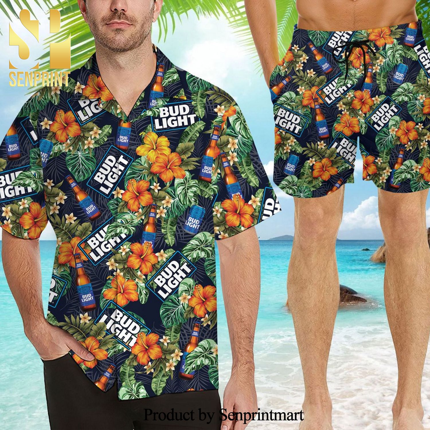 Bud Light Beer Full Printing Flowery Aloha Summer Beach Hawaiian Shirt And Beach Shorts – Black