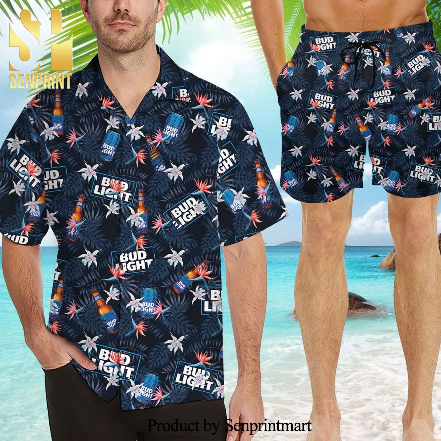Bud Light Beer Full Printing Flowery Aloha Summer Beach Hawaiian Shirt And Beach Shorts – Navy