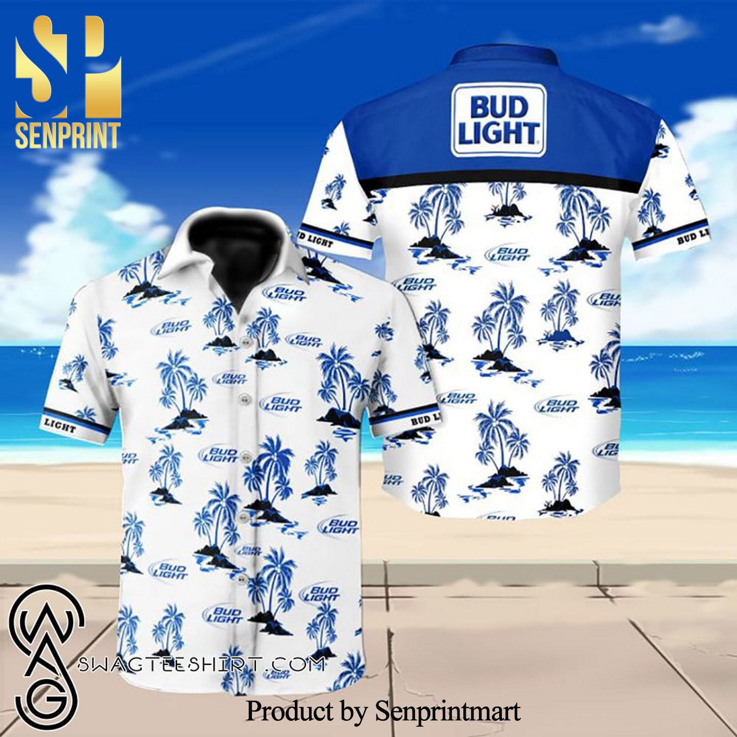 Bud Light Beer Full Printing Summer Short Sleeve Hawaiian Beach Shirt – White