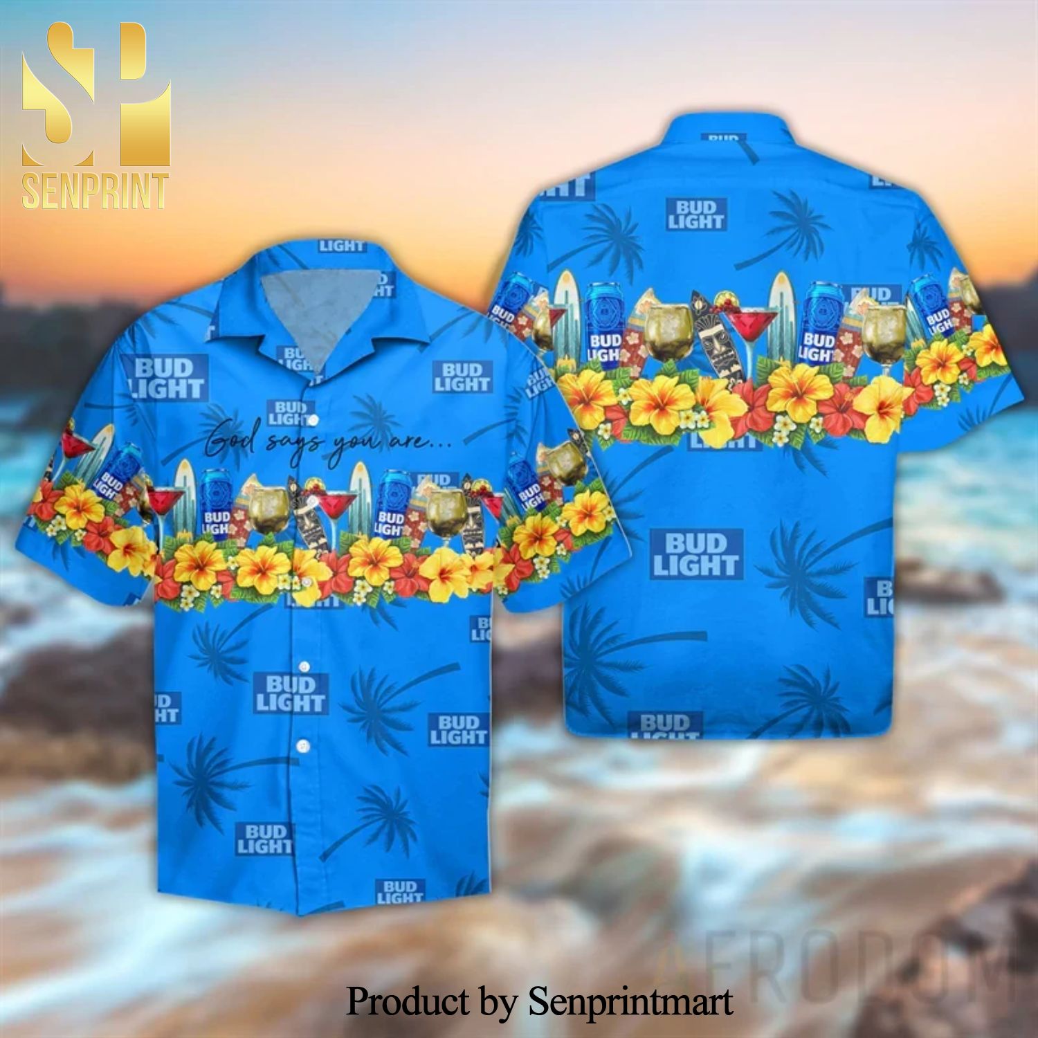 Bud Light Beer God Says You Are Full Printing Flowery Aloha Summer Beach Hawaiian Shirt – Blue