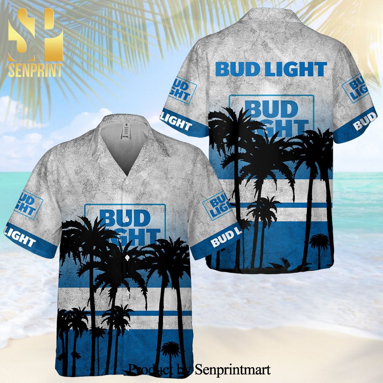 Bud Light Black Palm Tree Full Printing Aloha Summer Beach Hawaiian Shirt – White Blue