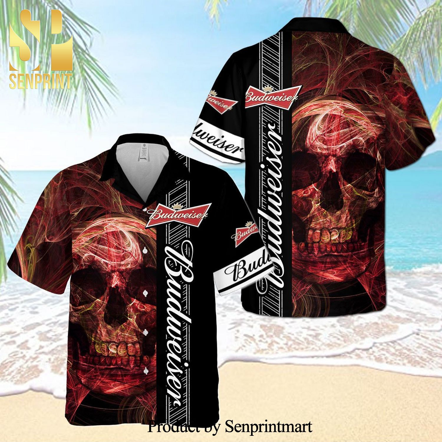 Budweiser Beer Logo Smoky Red Skull Full Printing Aloha Summer Beach Hawaiian Shirt – Black