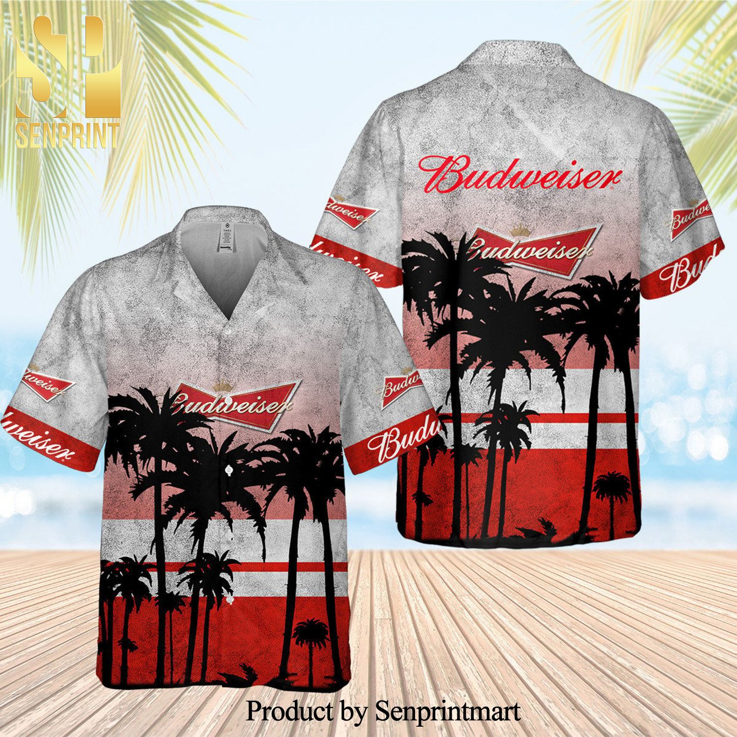 Budweiser Beer Palm Tree Full Printing Aloha Summer Beach Hawaiian Shirt – White Red