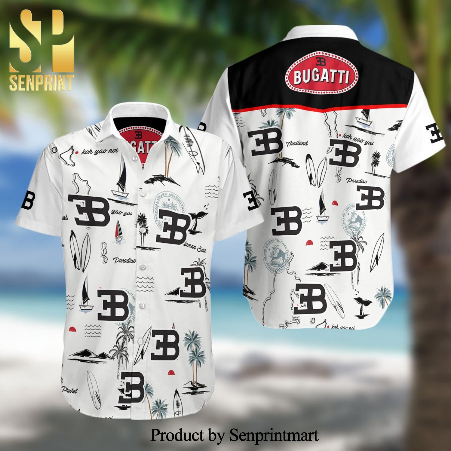 Bugatti F1 Racing Full Printing Summer Short Sleeve Hawaiian Beach Shirt – White