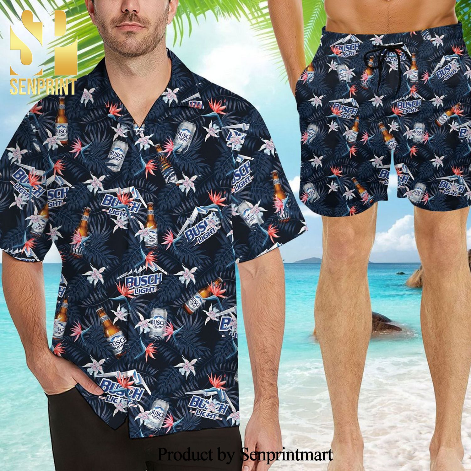 Busch Light Beer 3D Full Printing Flowery Aloha Summer Beach Hawaiian Shirt And Beach Shorts – Navy