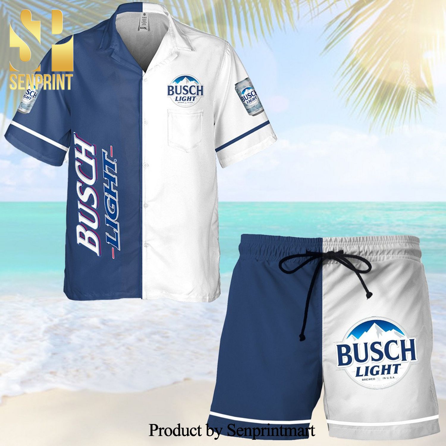 Busch Light Full Printing Combo Hawaiian Shirt And Beach Shorts – White And Blue