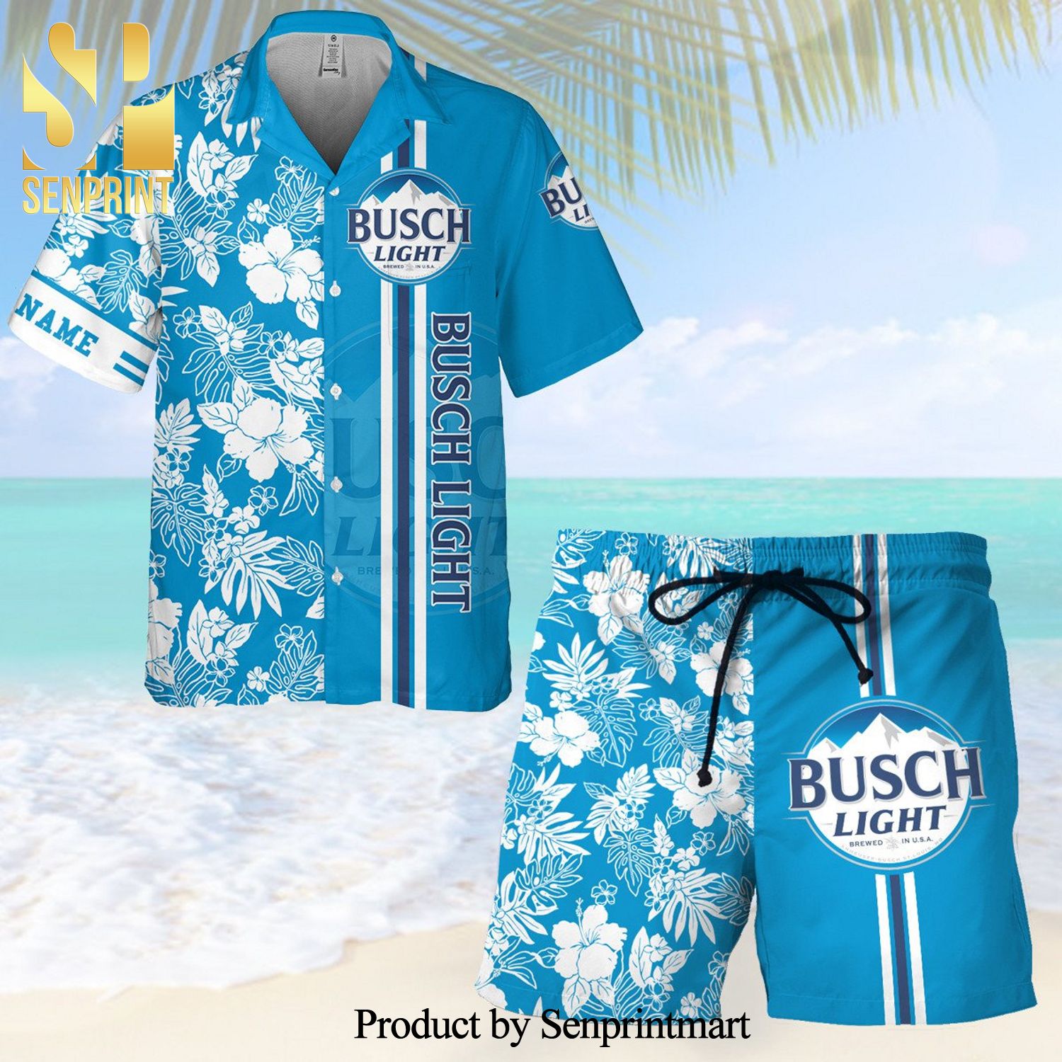 Busch Light Full Printing Combo Hawaiian Shirts And Beach Shorts – Blue