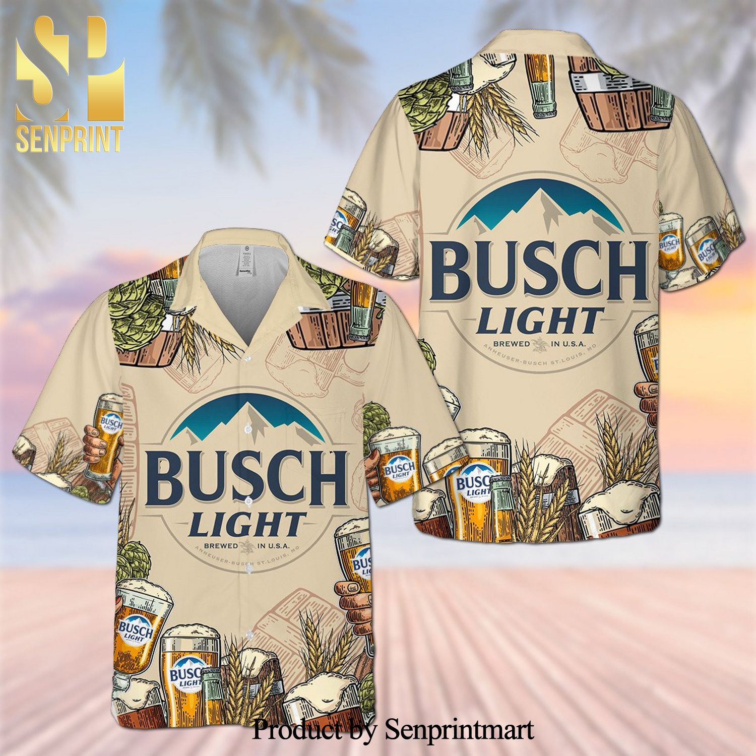Busch Light Full Printing Hawaiian Shirt – Beige