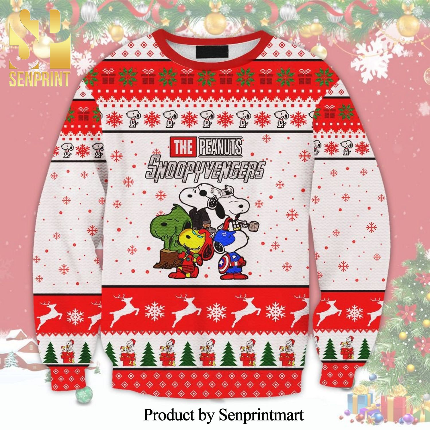 The Peanuts Snoopyvengers Snoopy Avengers Marvel Snowflake Knitted Ugly Christmas Sweater