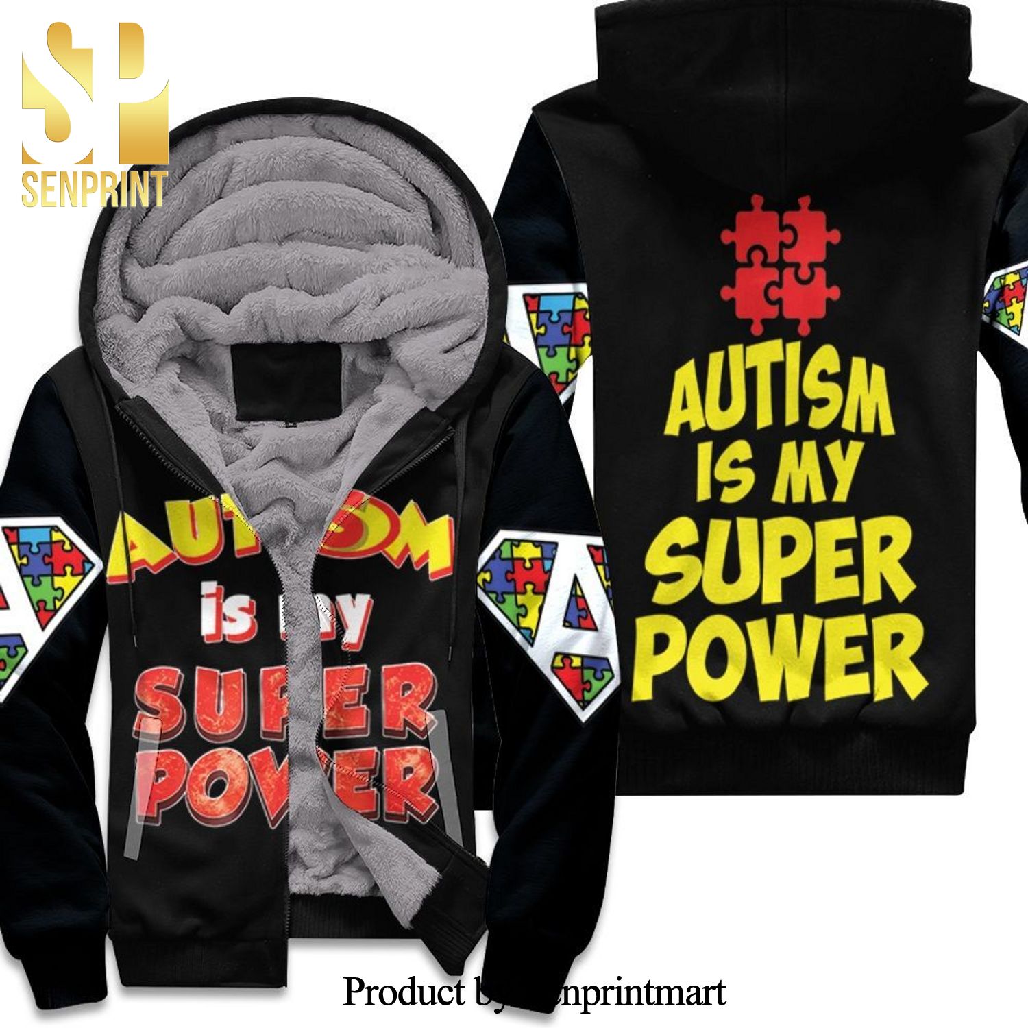 Autism Is My Super Power Puzzle Pieces Aspergers Day Humor Premium New Fashion Unisex Fleece Hoodie