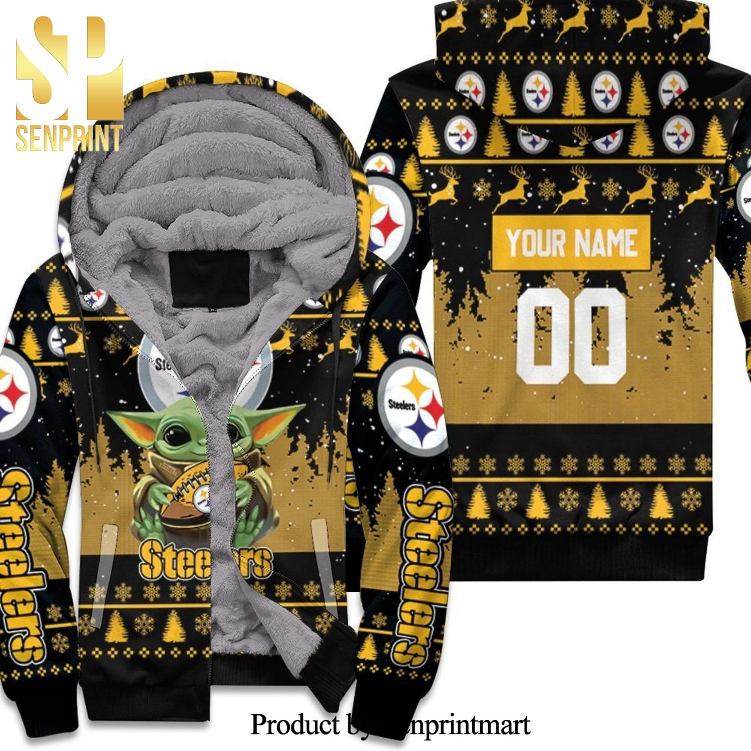 Baby Yoda Hugs Pittsburgh Steelers Football 2020 Personalized Cool Style Unisex Fleece Hoodie