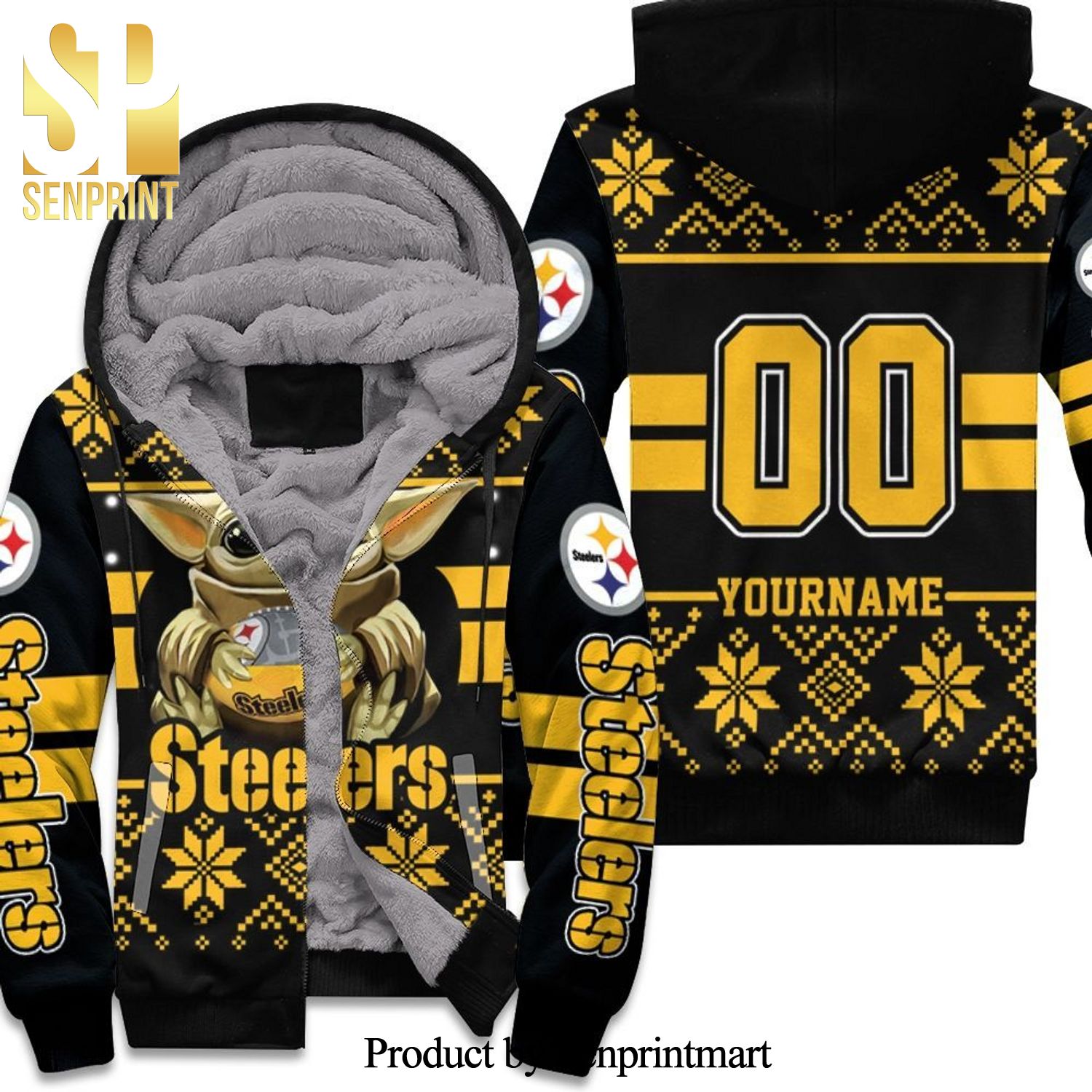 Baby Yoda Hugs Pittsburgh Steelers Ugly Sweater 1 Personalized Best Combo Full Printing Unisex Fleece Hoodie