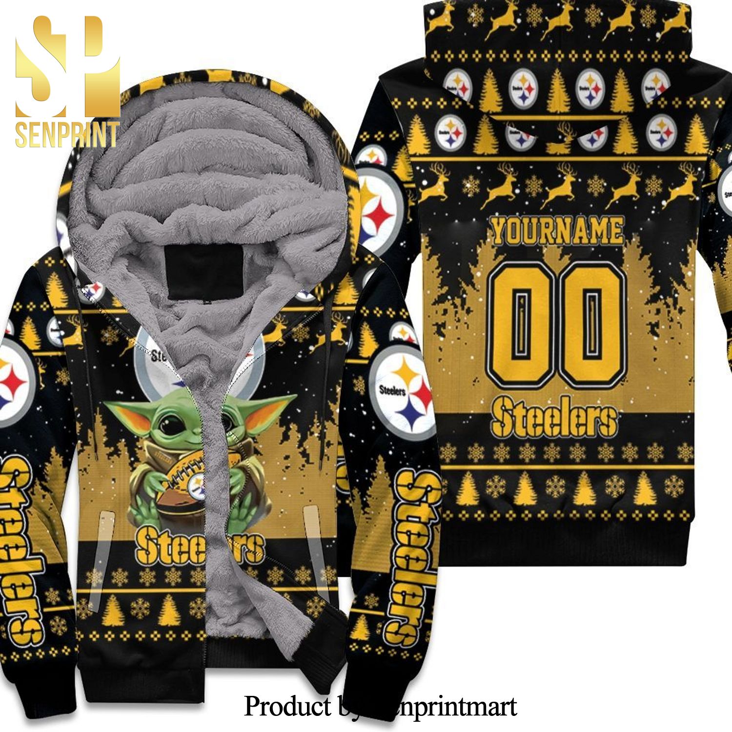 Baby Yoda Hugs Pittsburgh Steelers Ugly Sweater Best Combo All Over Print Unisex Fleece Hoodie