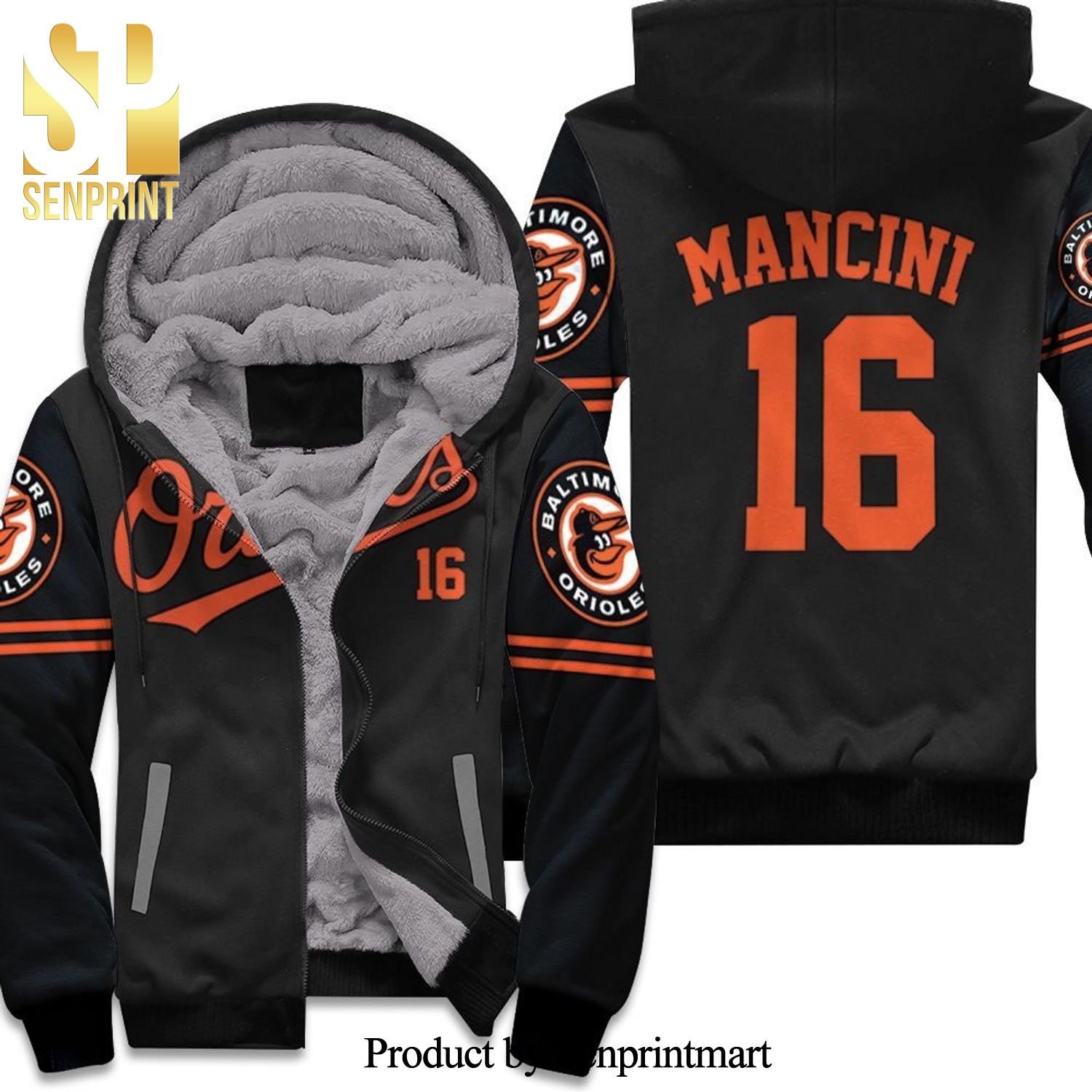 Baltimore Orioles Trey Mancini 16 MLB Black Inspired Style All Over Printed Unisex Fleece Hoodie
